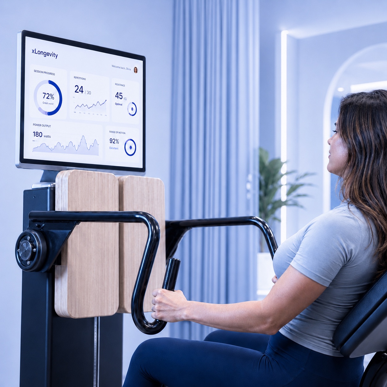 A client training on an xLongevity-connected machine that tracks their session.
