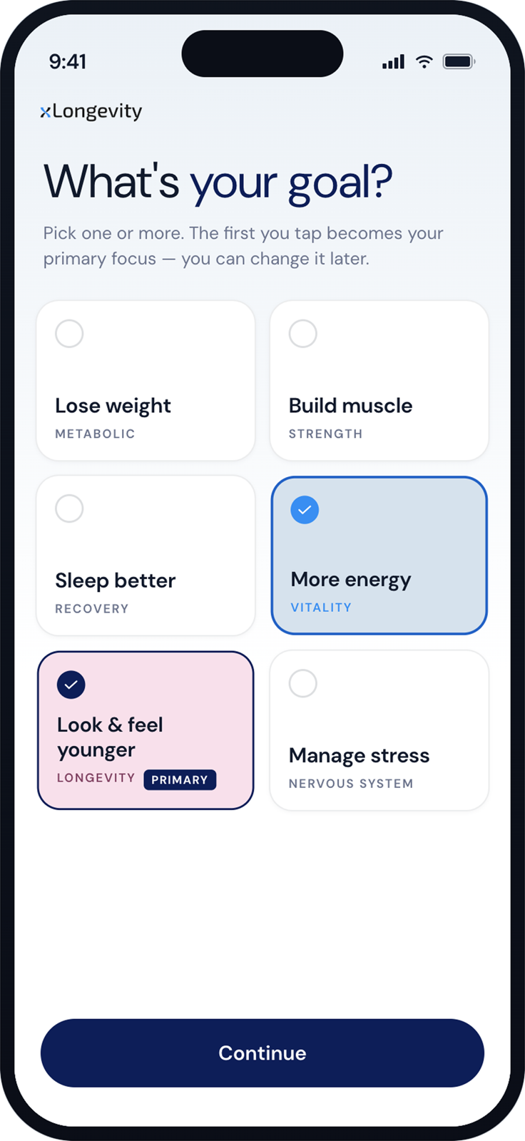 Choosing a primary longevity goal in the app