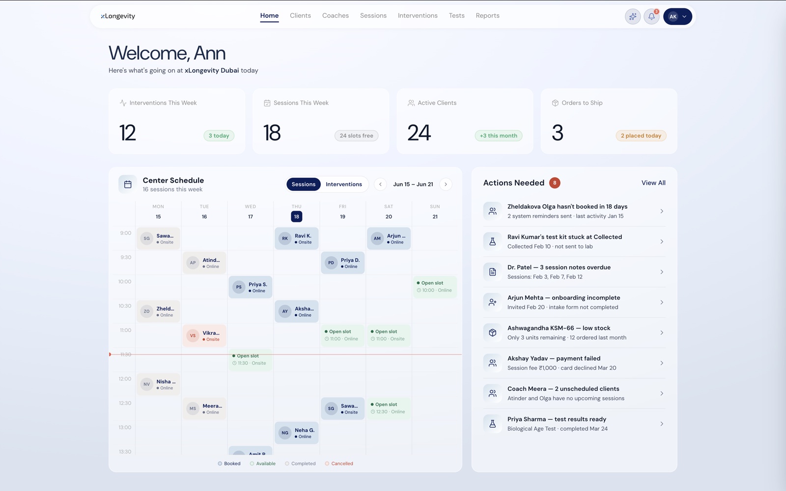 The center dashboard with schedule and actions needed
