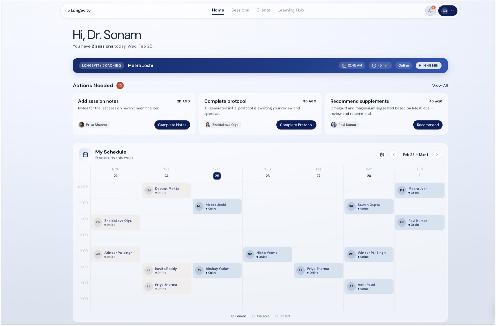 The coach dashboard with actions needed and the day's schedule
