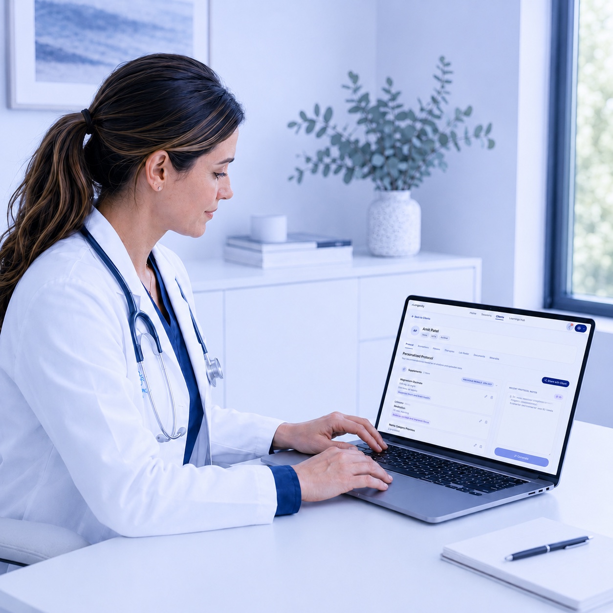 A clinician reviewing a unified health profile on the xLongevity platform.