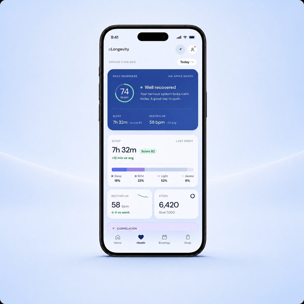 xLongevity app showing recovery and sleep monitoring.