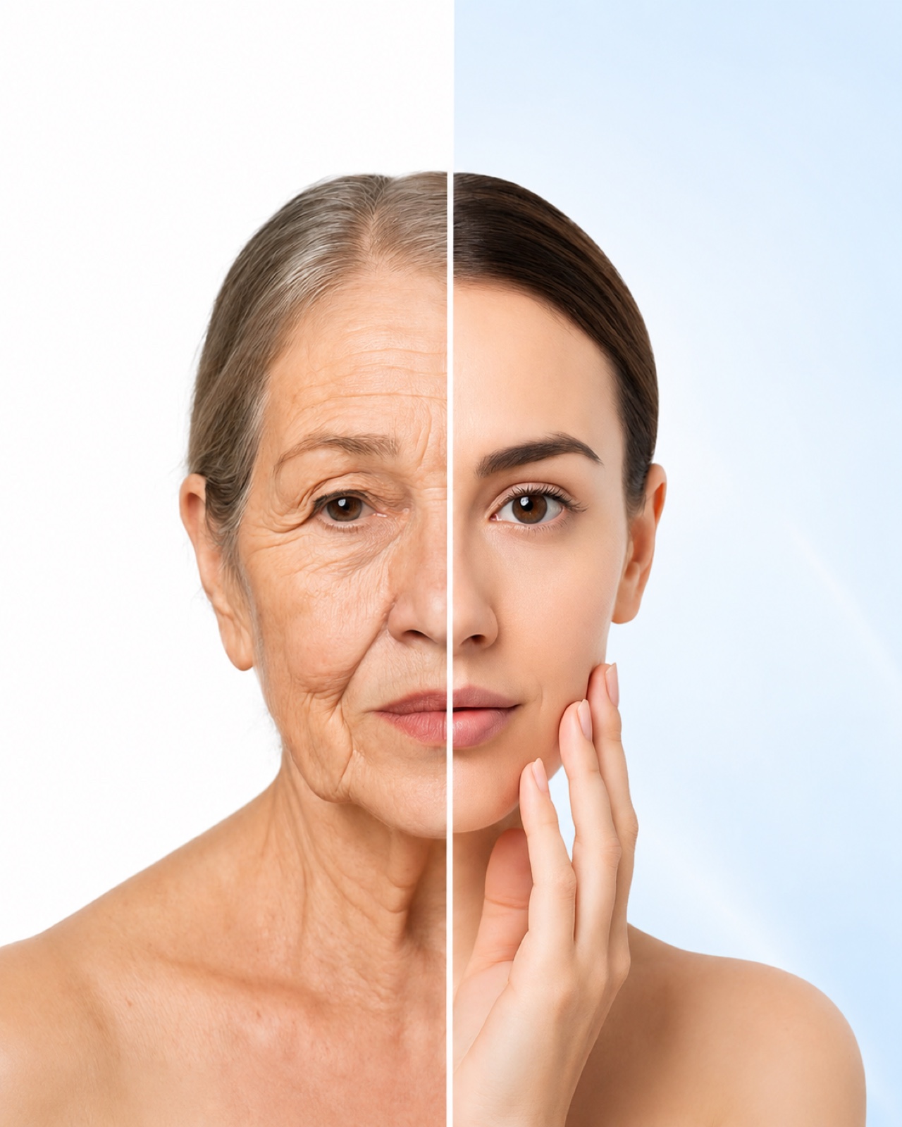 A face shown from aged to youthful — aging as a whole-body shift.